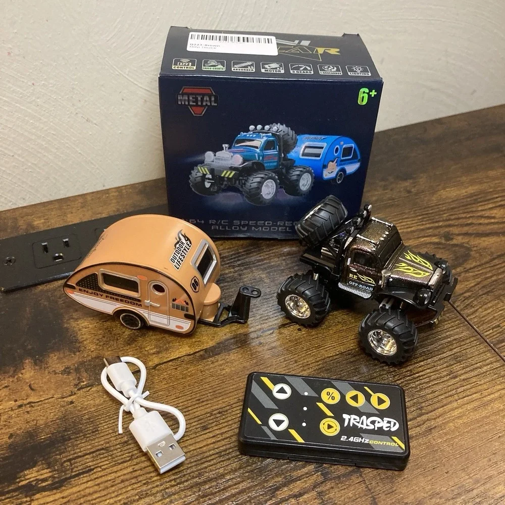 Brown 1/64 Mini RC Monster Truck w Trailer 2.4GHz 3-Speed USB-C‎ Rechargeable